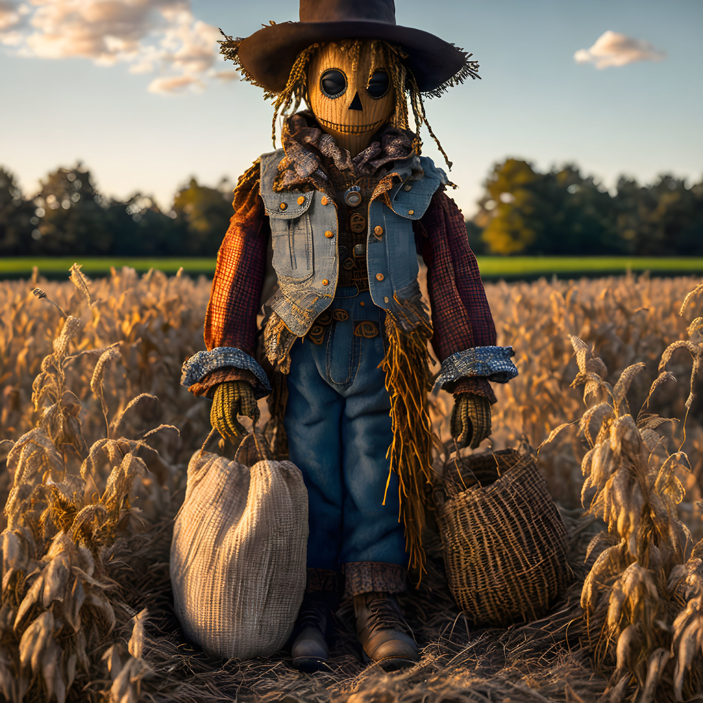 Scarecrow with Pumpkin Head in Wheat Field at Sunset