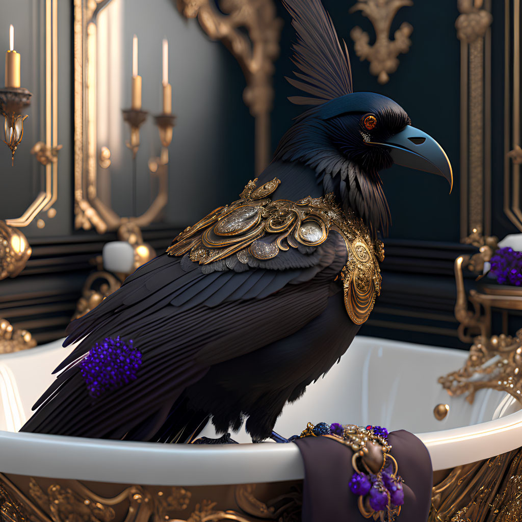 Raven with Gold Jewelry on Luxurious Bathtub in Opulent Bathroom