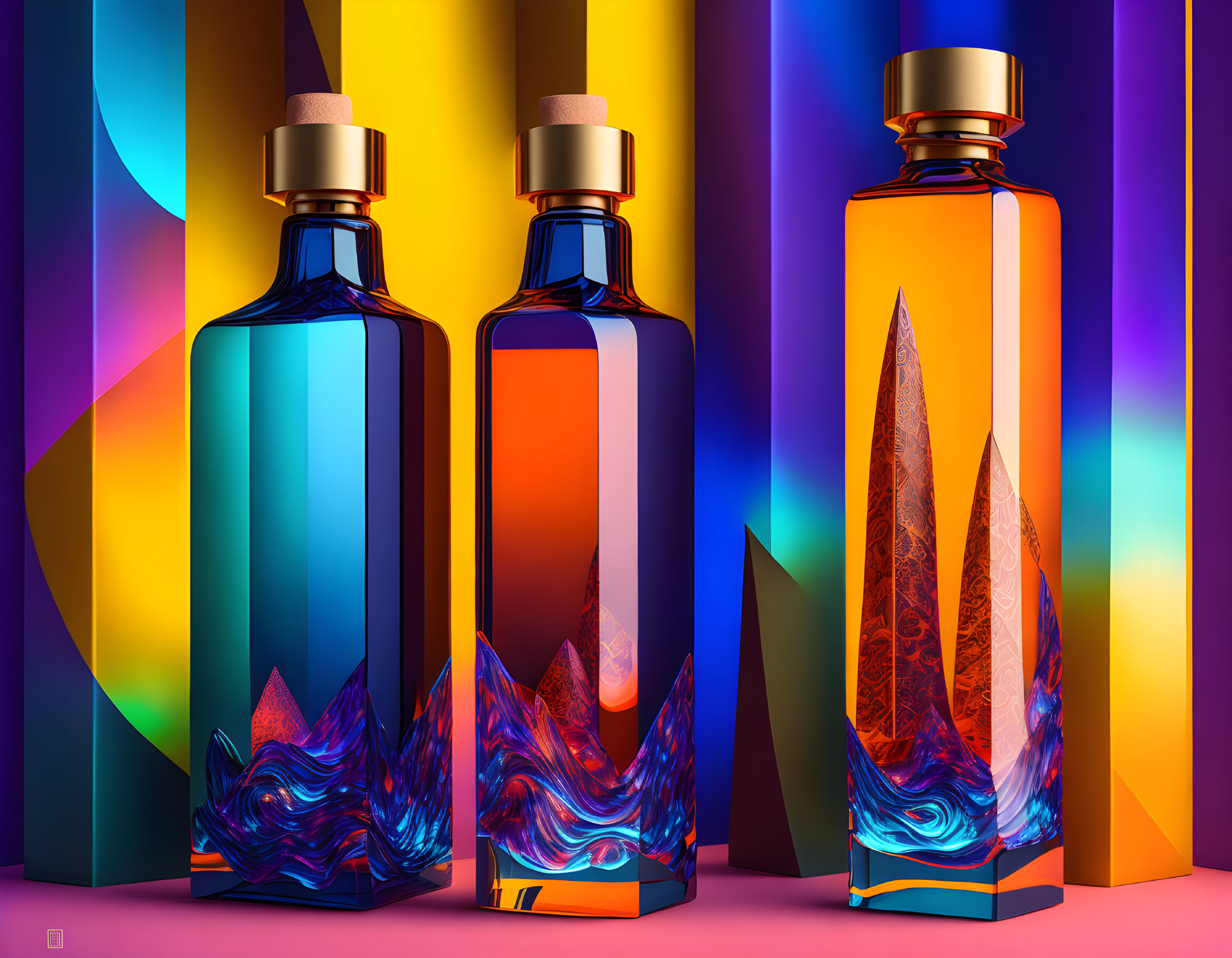 Vibrant abstract-designed perfume bottles on colorful backdrop