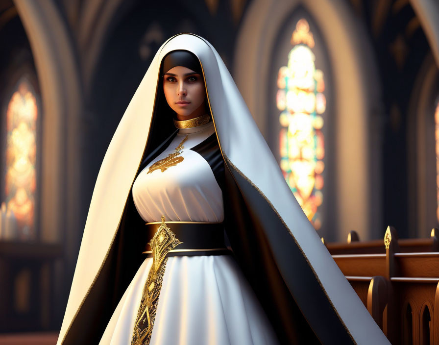 Woman in nun attire at church with stained glass windows