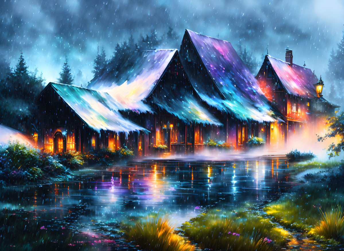 Multicolored roof cottages by tranquil lake in twilight snowfall