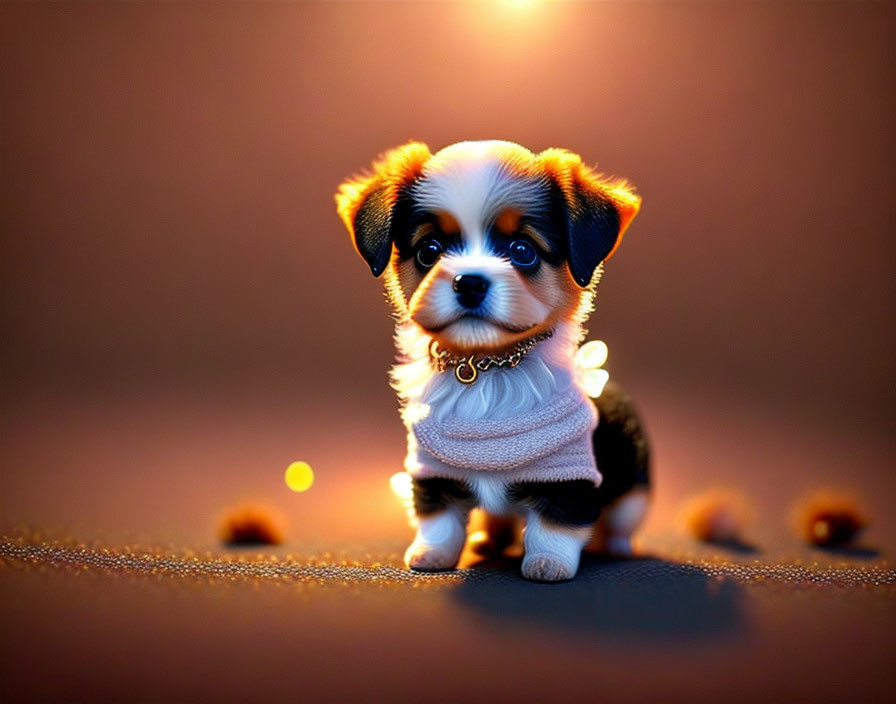 Tricolor Puppy with Scarf and Gold Chain on Bokeh Background