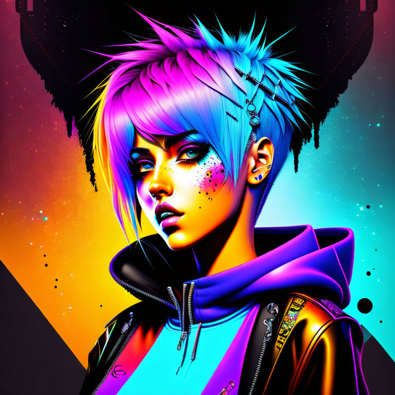 Colorful digital artwork featuring a person with blue hair, bold makeup, piercings, and a