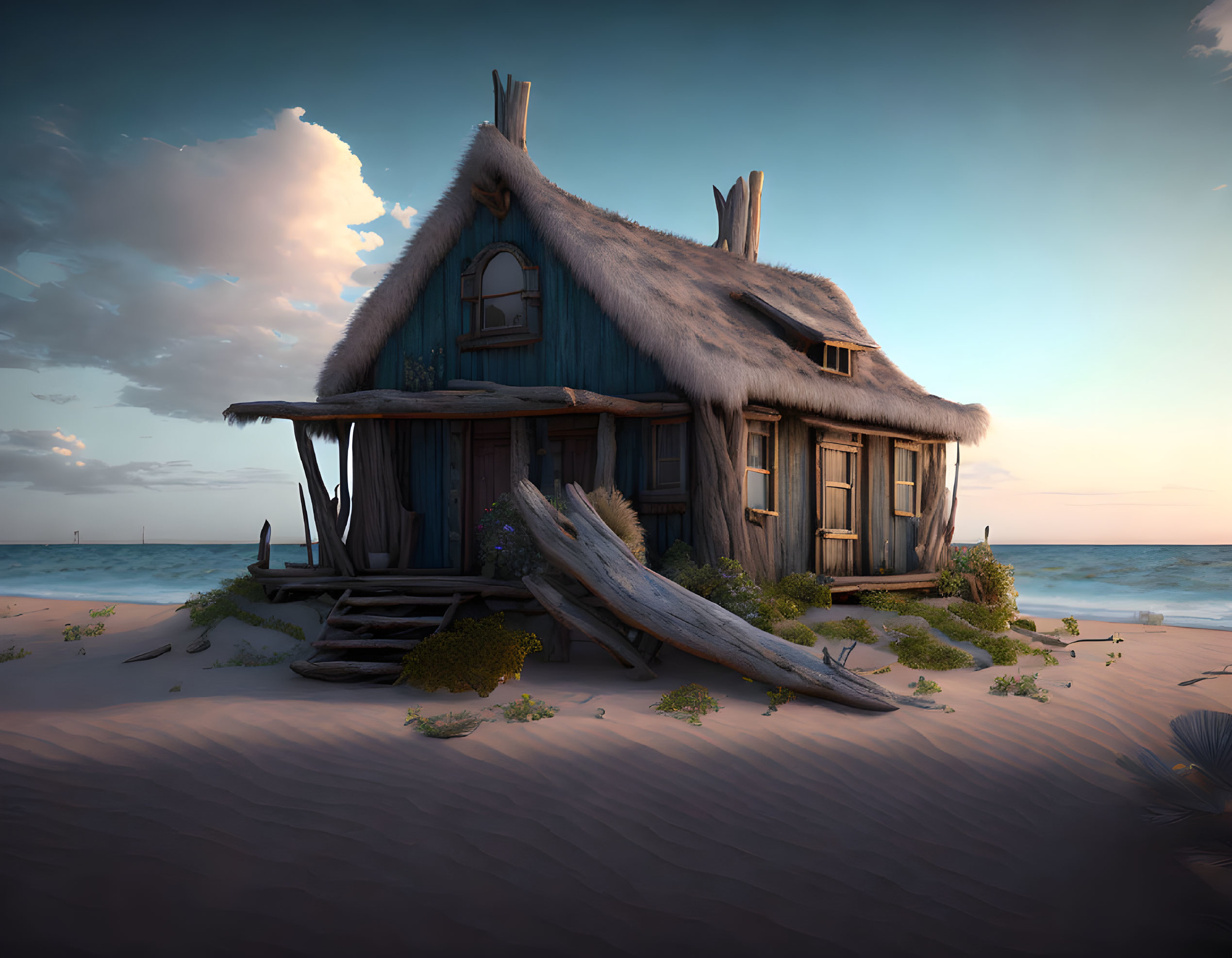 Thatched Roof Wooden Cottage on Beach at Sunset