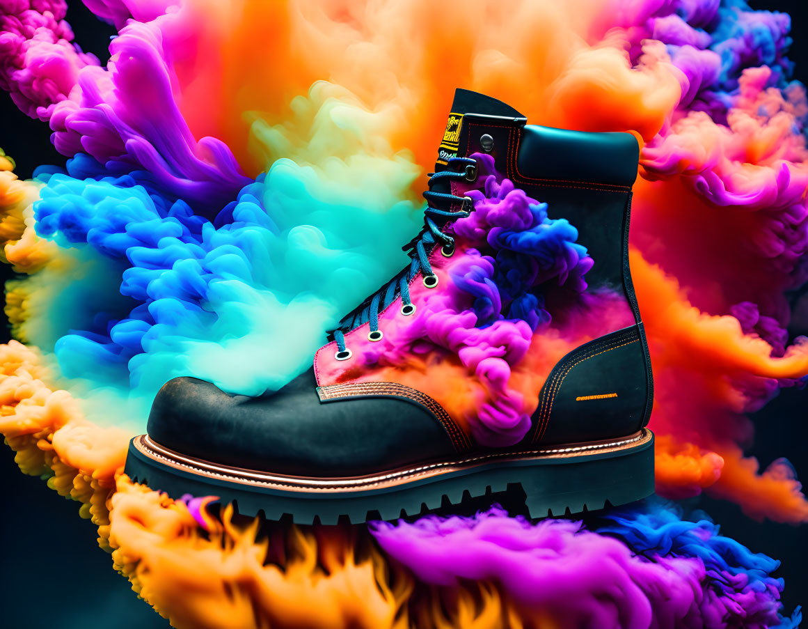 Colorful smoke swirling around black boot on dark background