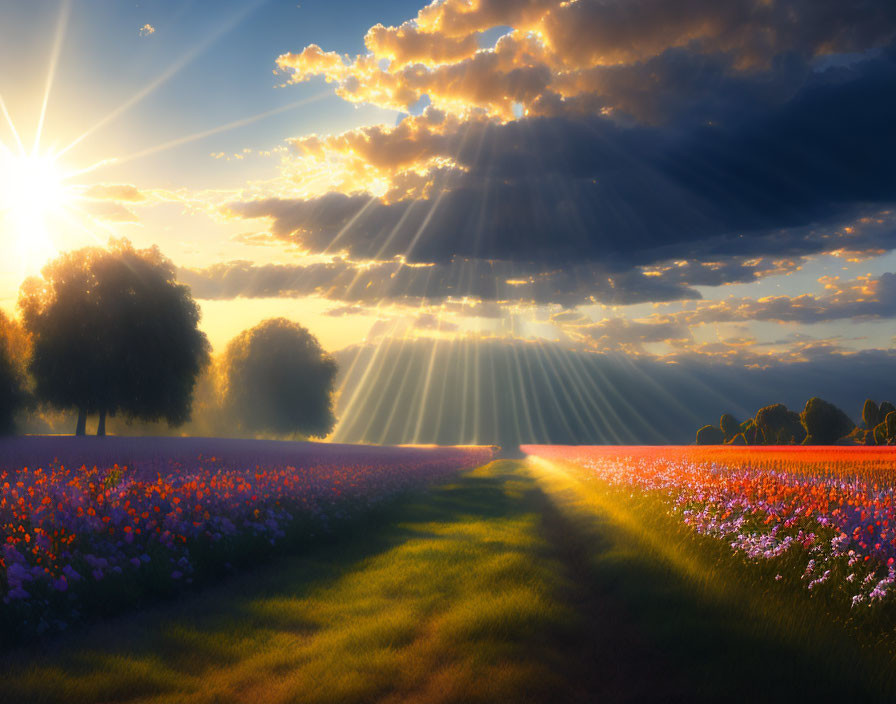 Colorful Flowers and Trees in Sunlit Landscape