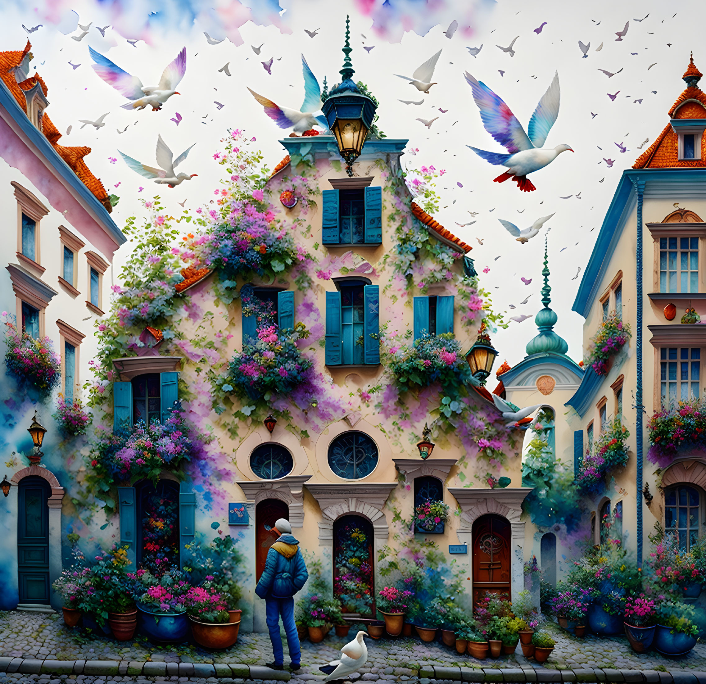 Person in Blue Jacket by Flower-Adorned Building with Pigeons on Cobbled Street