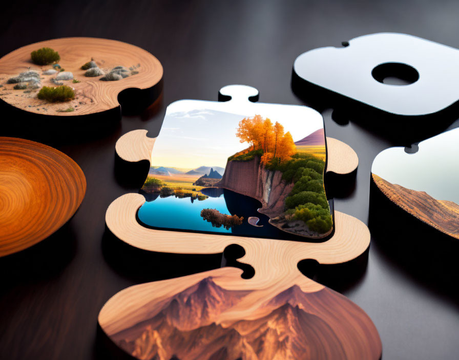 Nature-themed puzzle with creative landscape pieces and vibrant central scene