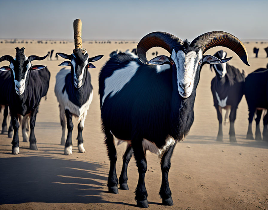 Black and White Goats with Long Curved Horns on Sandy Terrain