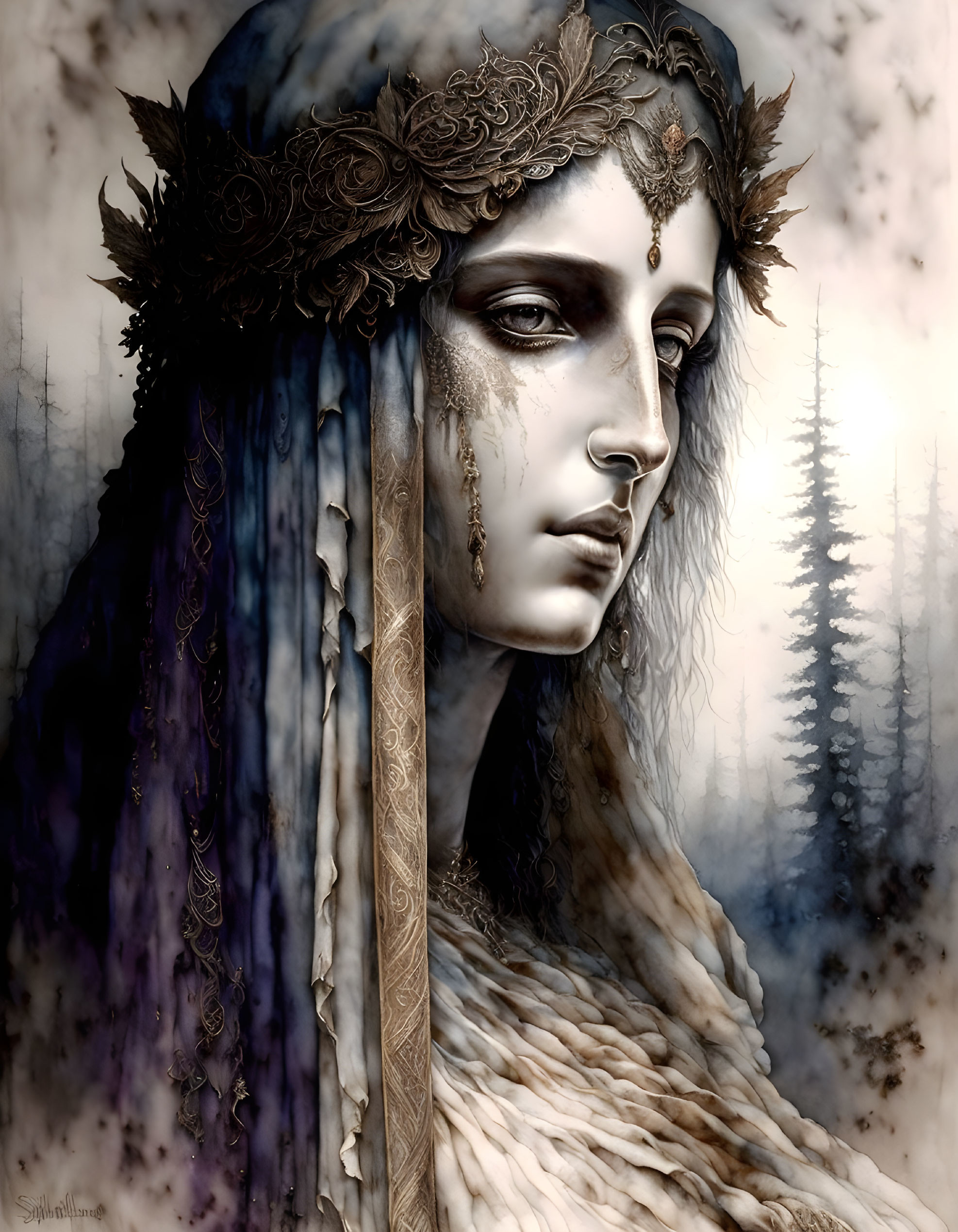 Ethereal figure with elaborate headpiece in misty forest