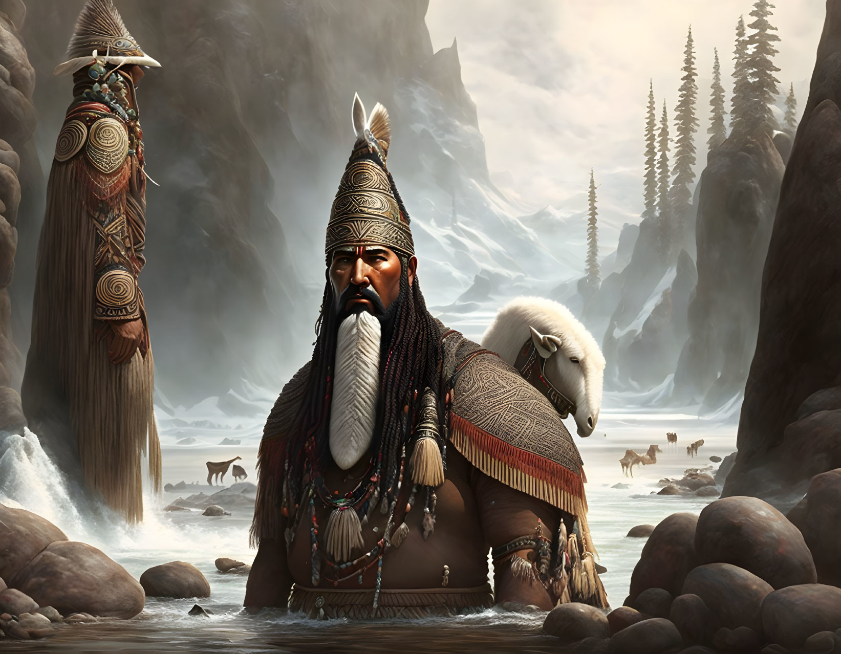 Bearded warrior in ancient attire with ram in snowy landscape