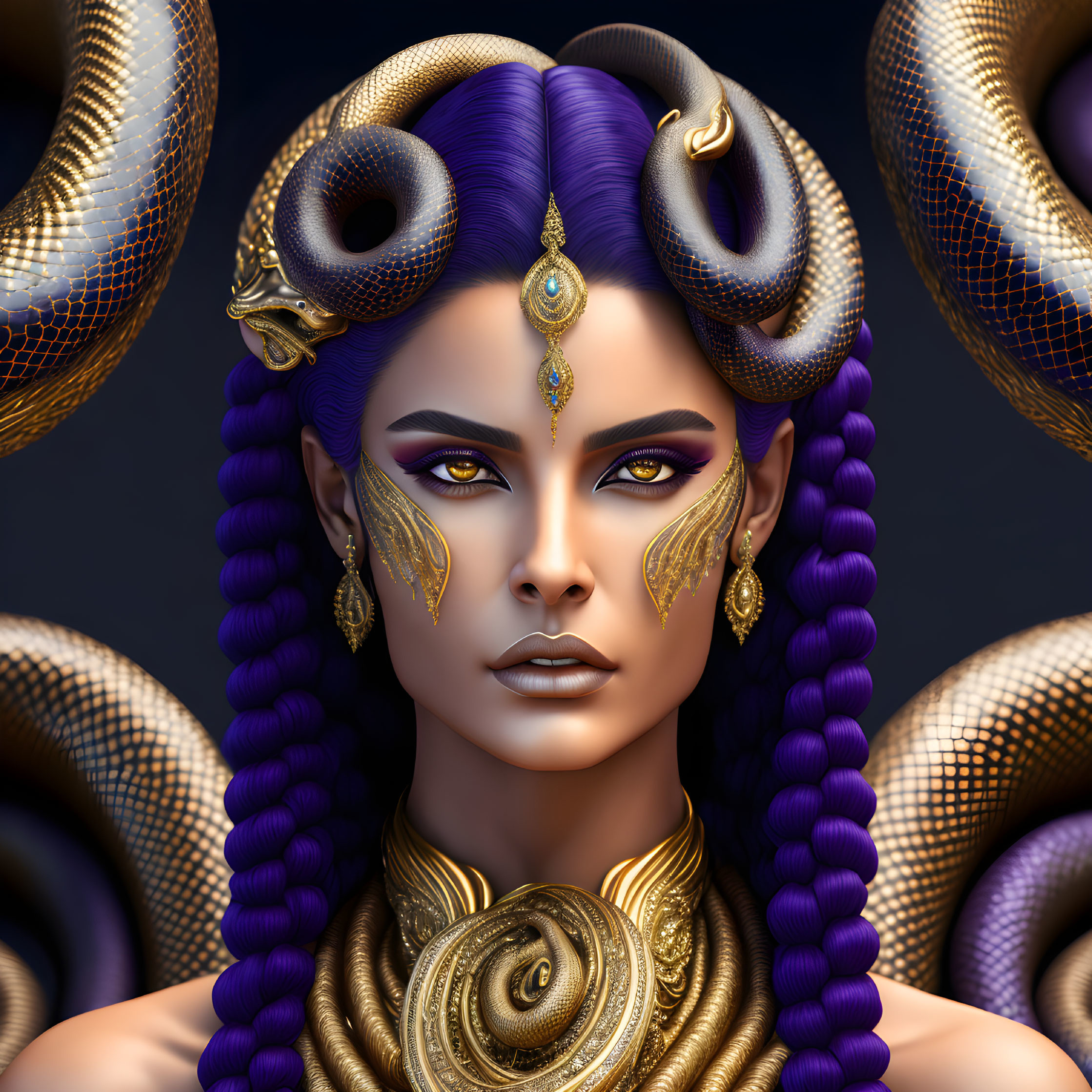 Stylized portrait of woman with purple hair and snake-like elements