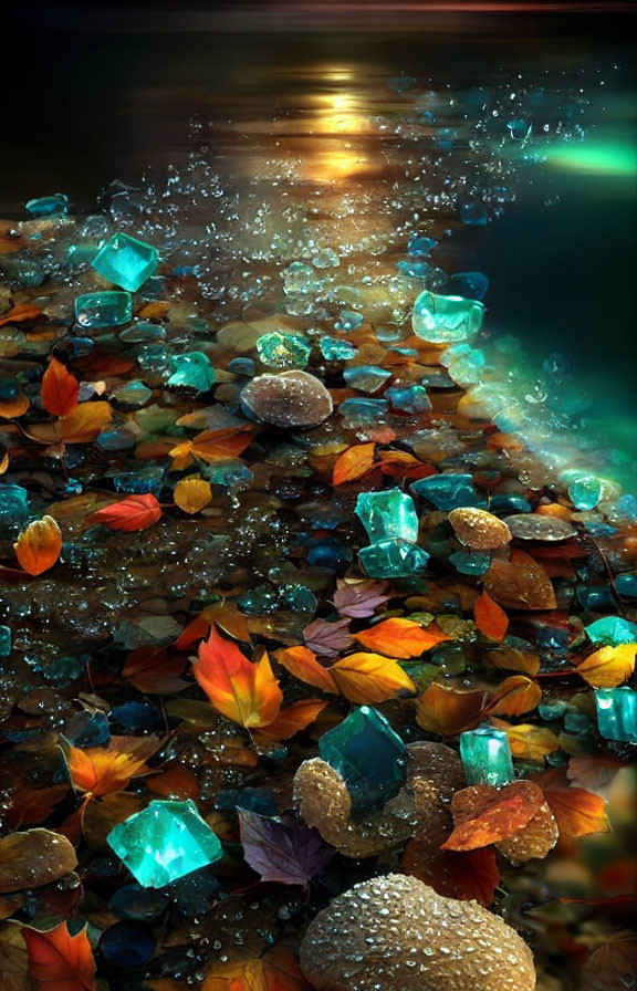 Scattered Autumn Leaves and Glowing Gemstones on Riverbank