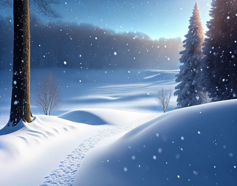 Snowy Winter Twilight Scene with Falling Snowflakes and Evergreen Trees