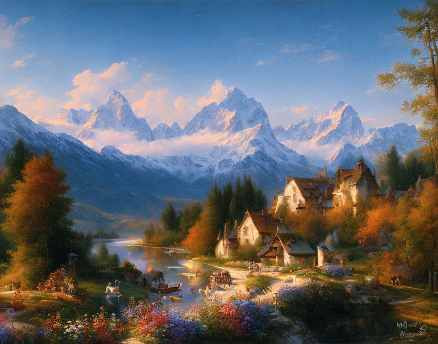 Scenic village painting with autumn trees and snowy mountains