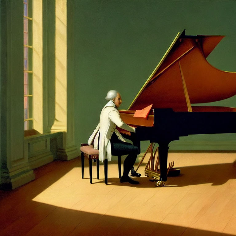 Historical figure at grand piano in sunlit room