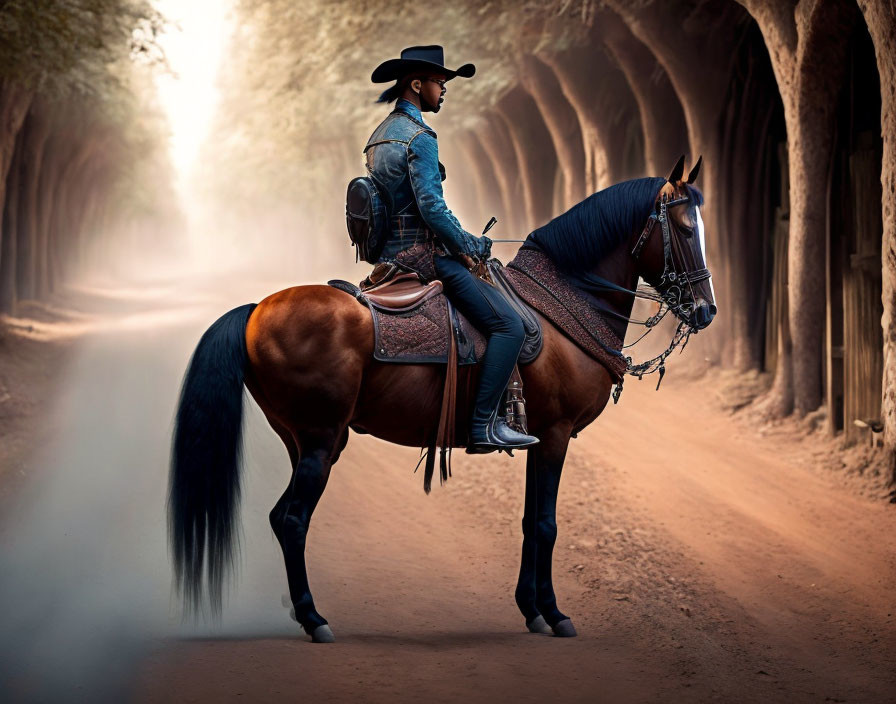 Cowboy riding brown horse on sunlit dirt path