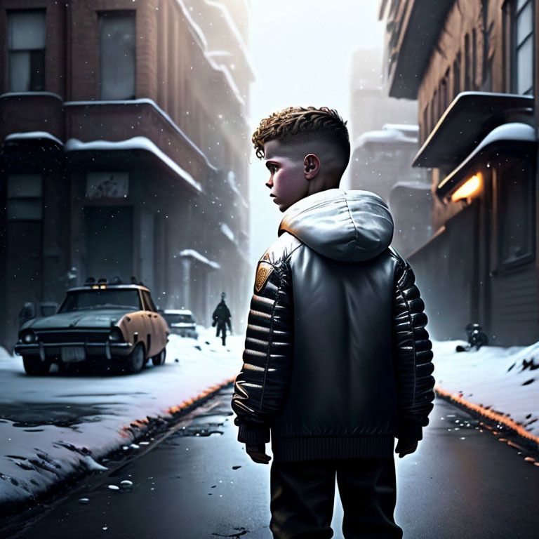 Young boy in puffy jacket on snowy street gazes at distant figure amidst illuminated buildings.