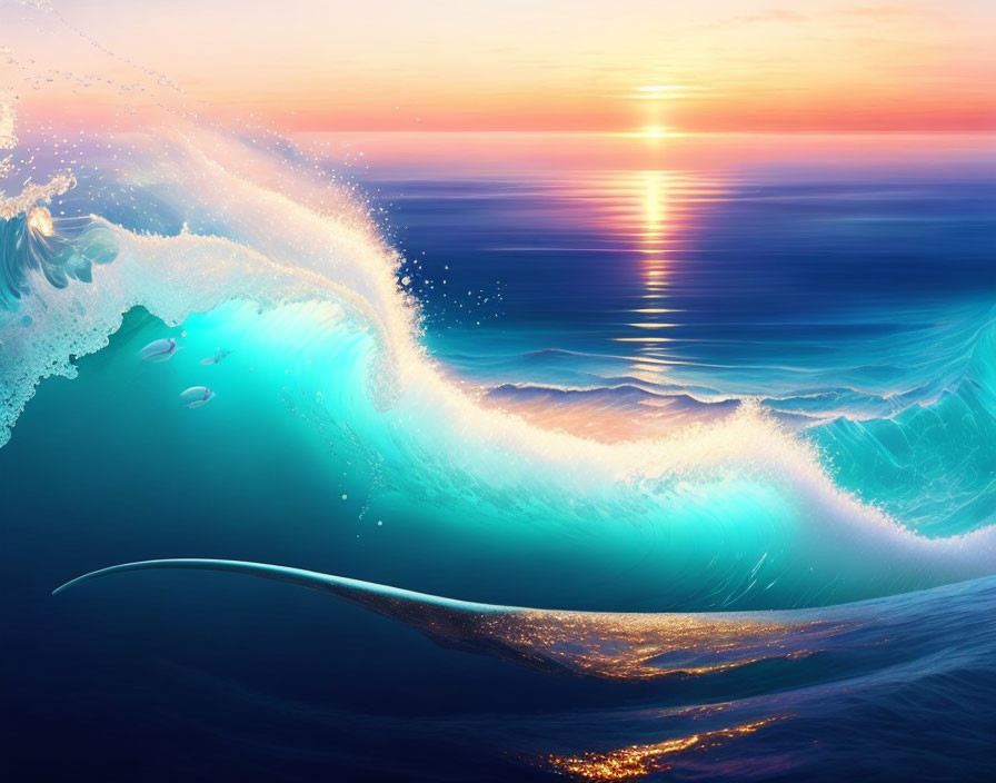 Surreal ocean wave at sunset: vibrant digital artwork