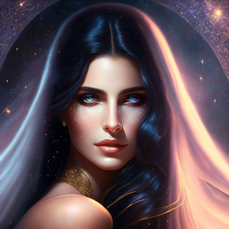 Digital illustration of woman with blue eyes and cosmic elements in background