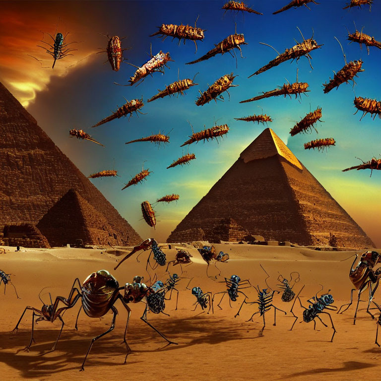 Mechanical insect swarm over desert with pyramids and dramatic sky