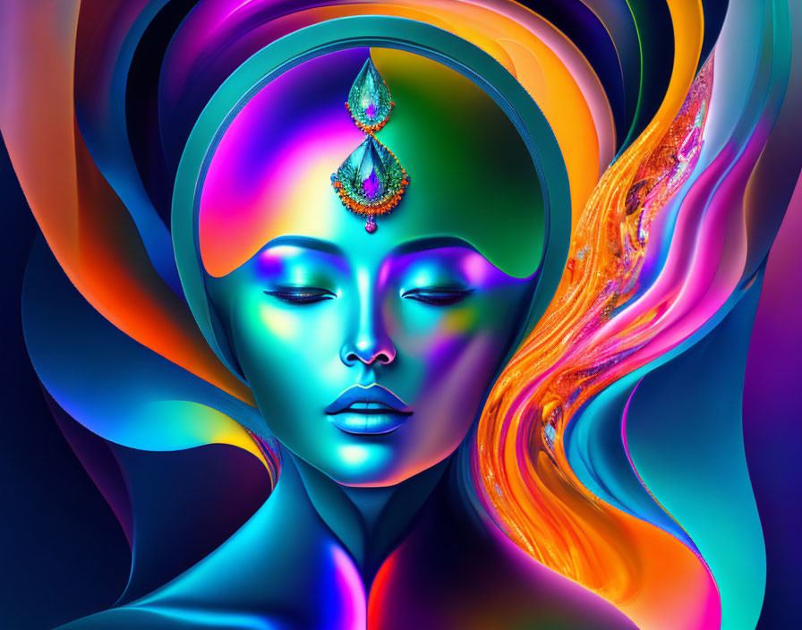 Colorful digital artwork: Woman with blue skin and decorative headpiece on dark background