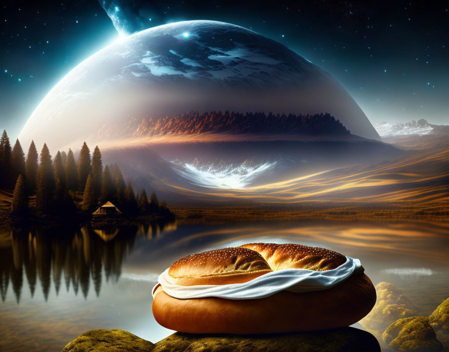 Tranquil lake scene with sandwich, giant planet, alien landscape