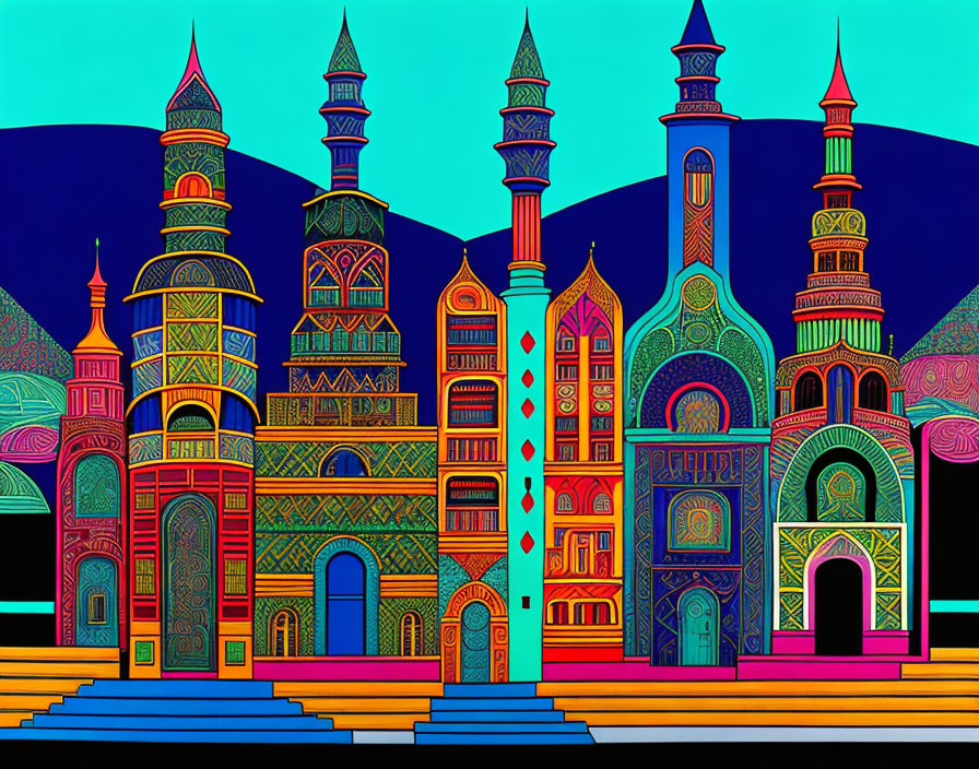 Colorful illustration of ornate cityscape with mosque-like buildings and spires.