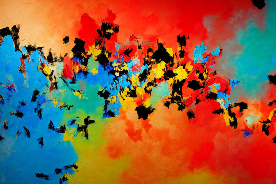 Abstract Painting: Fiery Red and Orange Background with Blue, Yellow, and Black Splashes