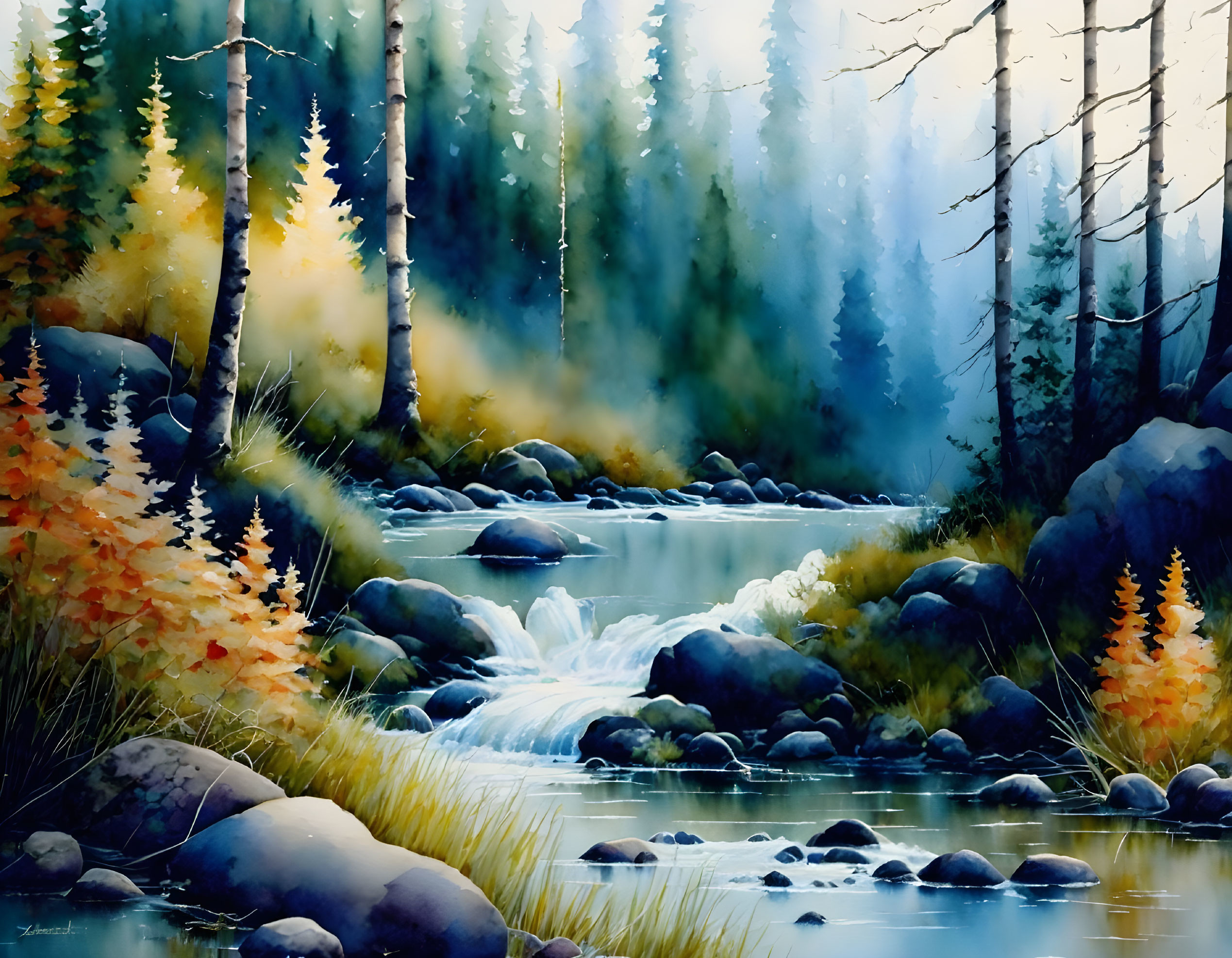 Tranquil Watercolor Forest Scene with Stream and Autumn Trees