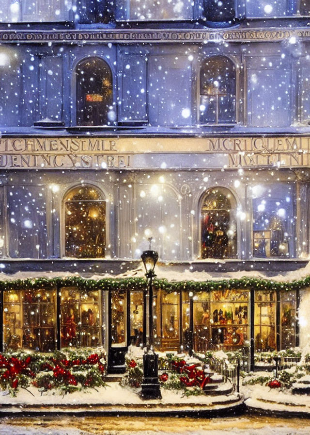 Snowy Christmas-themed storefront in serene winter evening