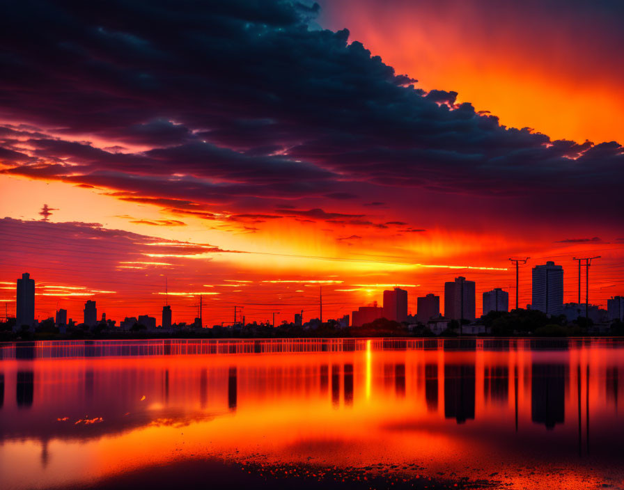 City skyline sunset with orange and red hues reflected on water under dramatic sky