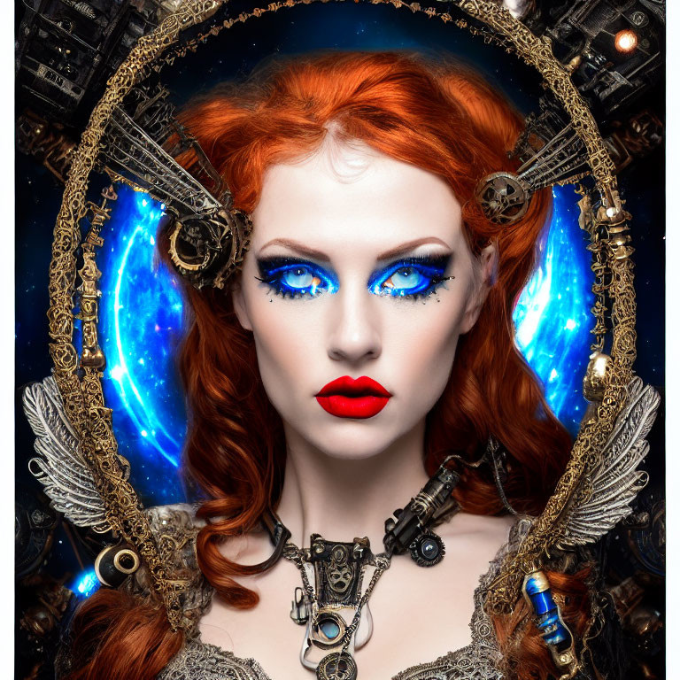 Fantastical portrait of a woman with blue eyes and red hair in steampunk setting