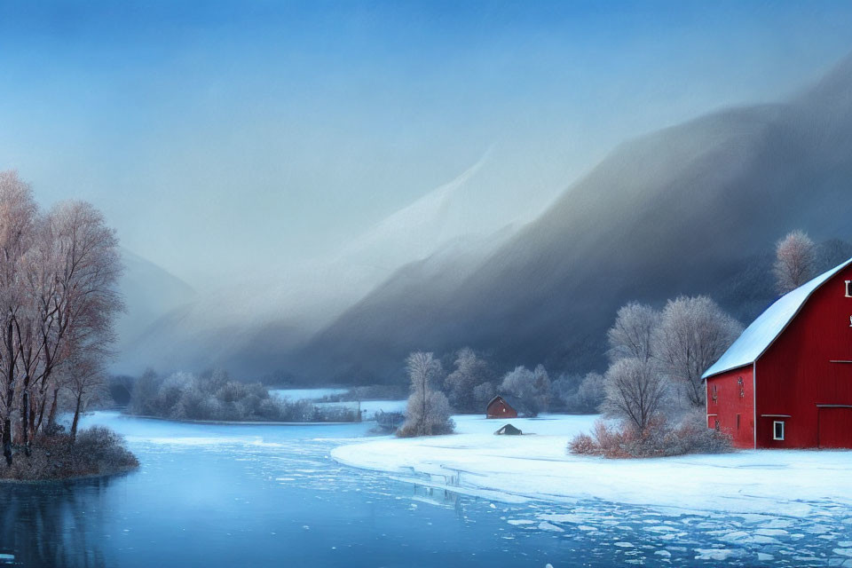 Snow-covered red barn by frozen river in tranquil winter scene