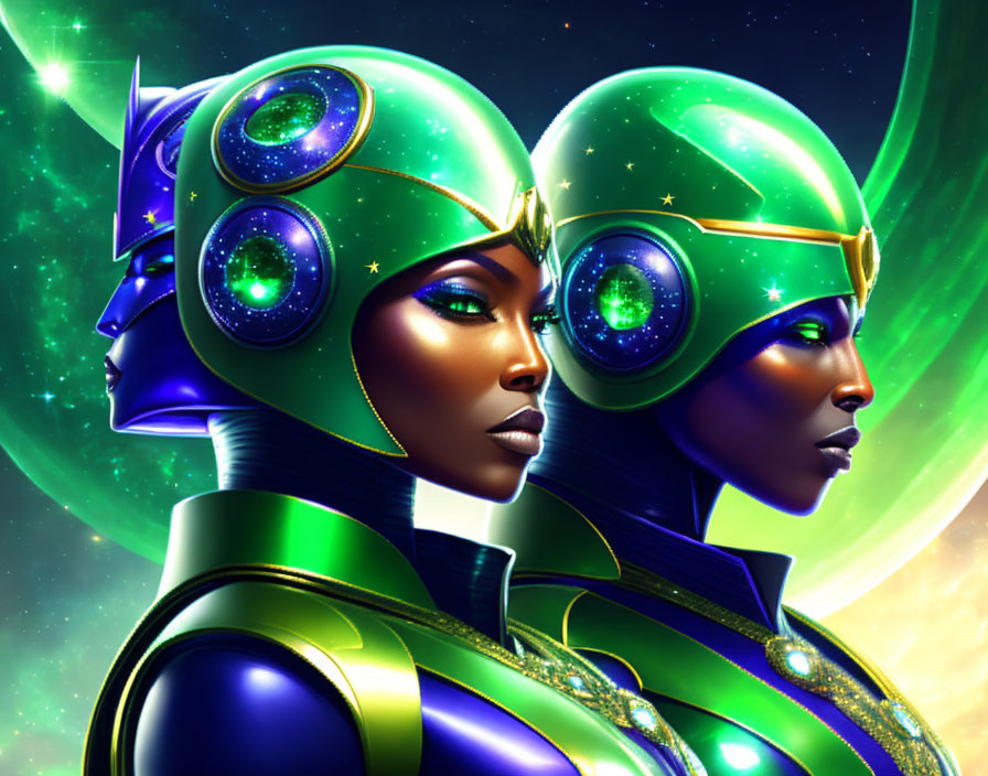 Futuristic individuals in green and gold suits with cosmic helmets in space.