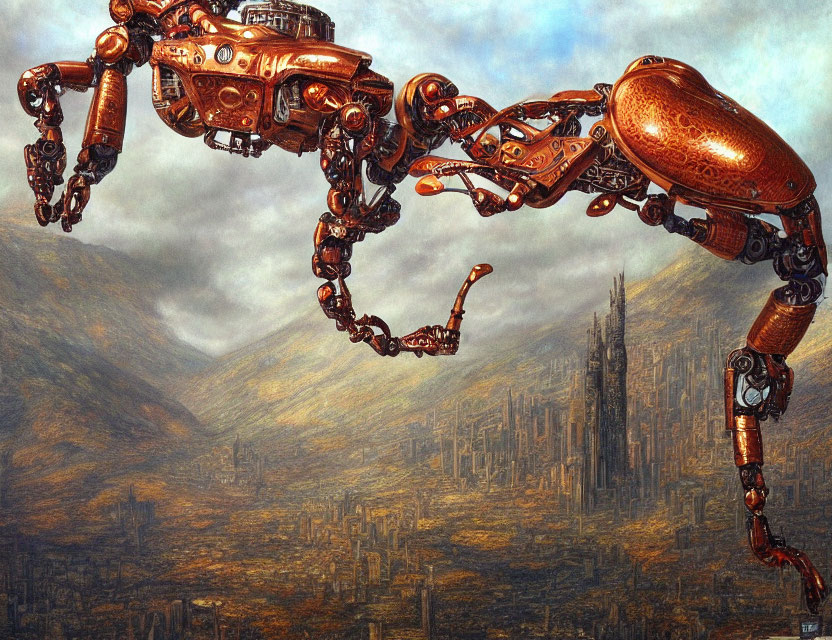 Intricate Steampunk Robotic Creatures in Dystopian City & Mountains