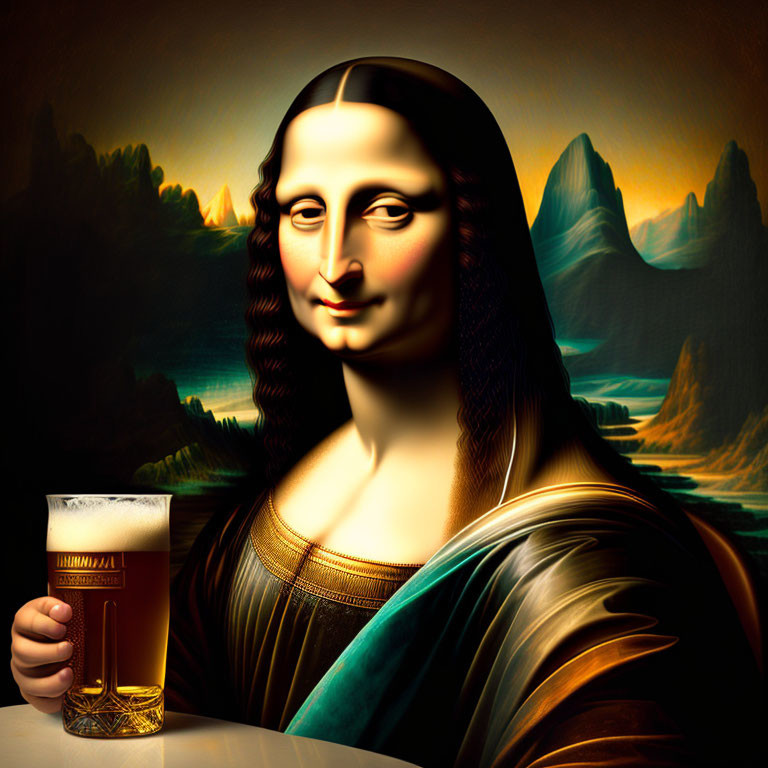 Digital parody: Mona Lisa with beer & mountain view