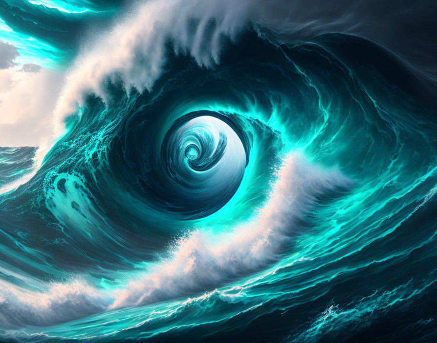 Swirling ocean wave vortex under dramatic sky