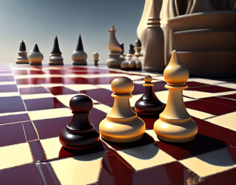 3D-rendered chessboard with gleaming pieces under warm light