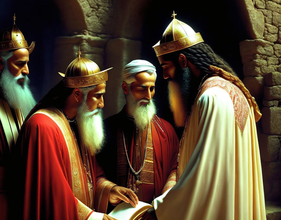 Four bearded men in regal attire with crowns in deep conversation in dimly lit stone interior