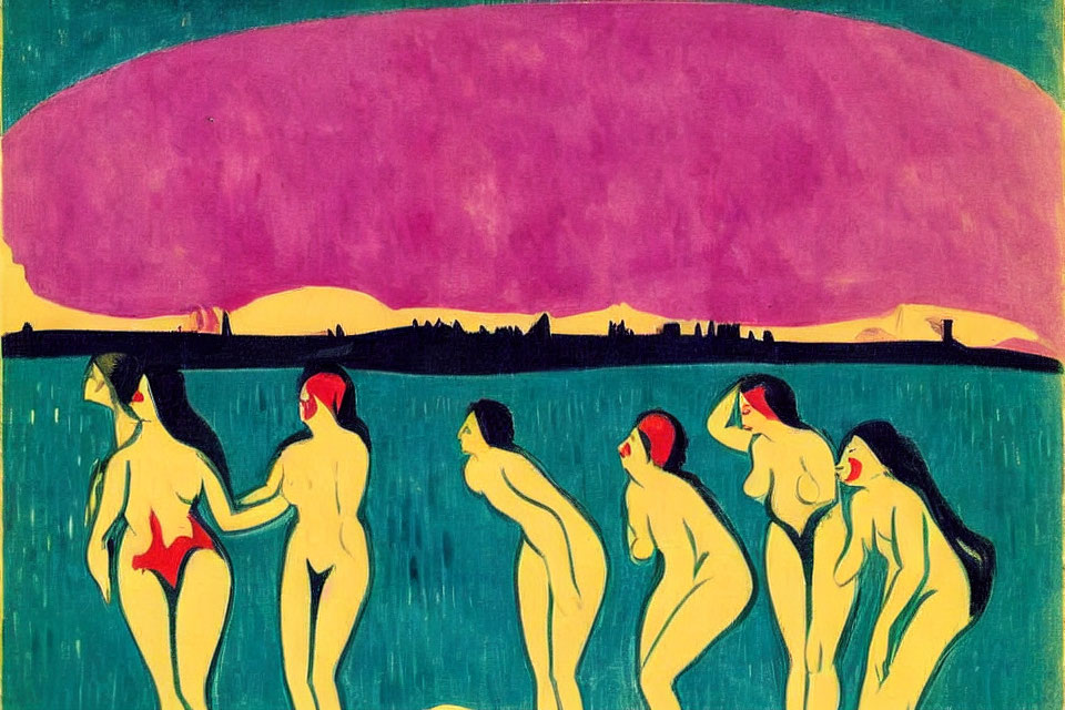 Vibrant painting of five nude figures by lakeside under pink sky