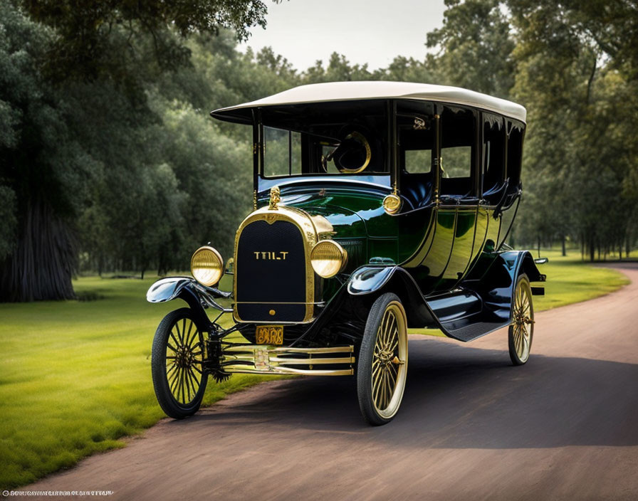 Vintage Car with Black and Green Body, Gold Accents, and White-Walled Tires on Tree