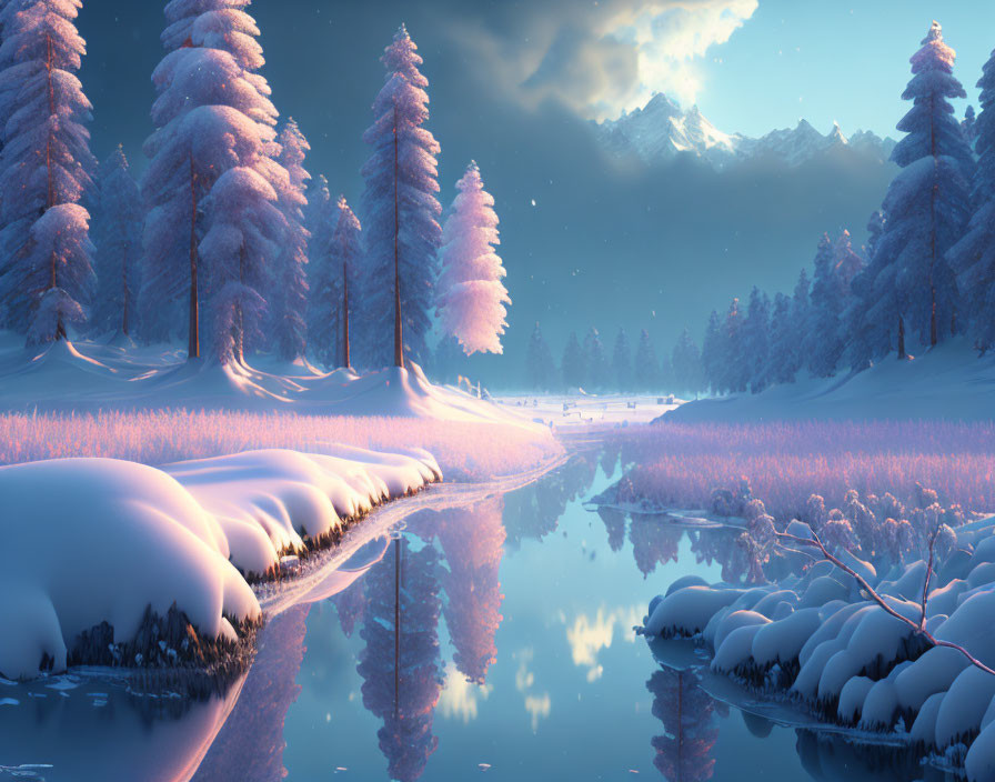 Snow-covered trees and river in serene winter landscape with twilight sky.