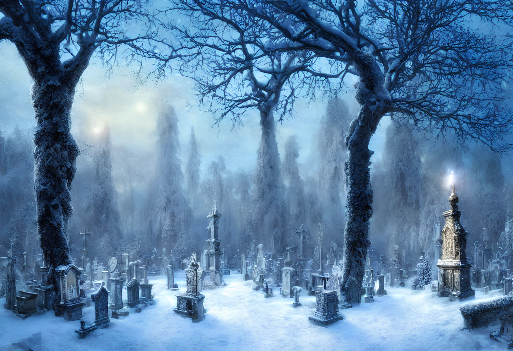 Snowy Cemetery with Tombstones and Statues Under Dimly Lit Sky