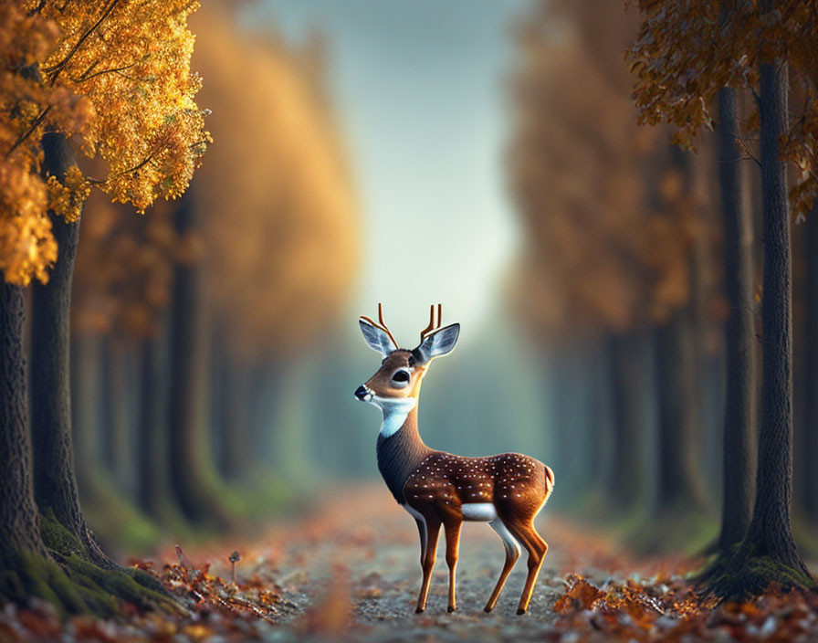 Spotted deer in center of tree-lined path with golden autumn leaves