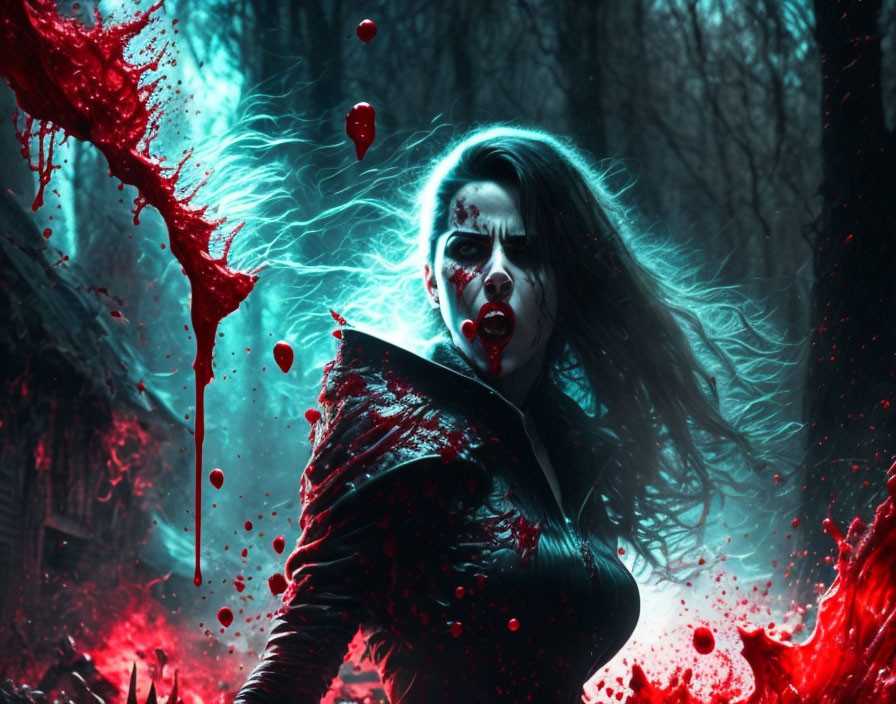 Woman with vampire-like features in dark woodland with splattering red liquid