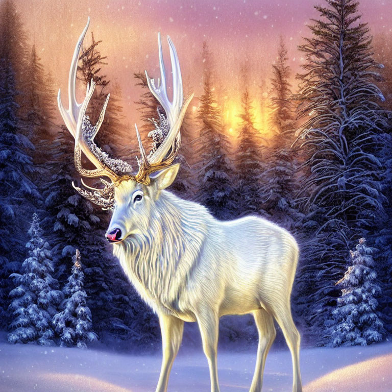 Majestic white stag in wintry forest with glistening antlers