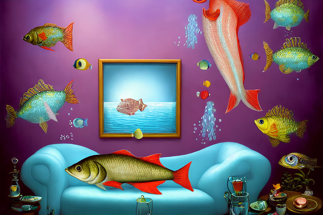 Vivid underwater living room with fish and couch art