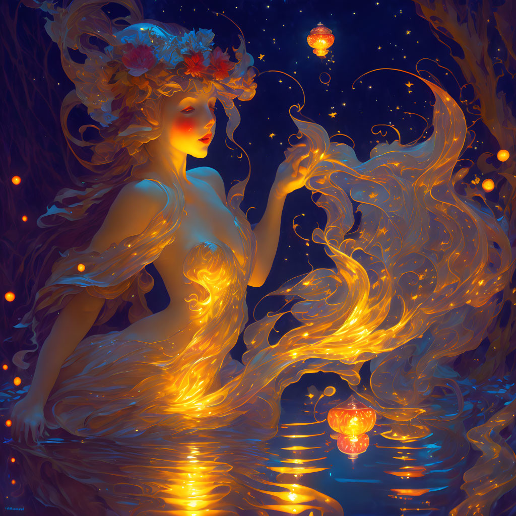 Illustration of woman with golden hair and lantern in enchanted forest