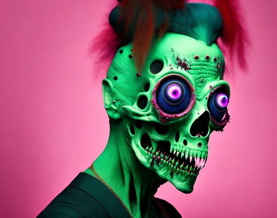 Colorful digital artwork: green zombie with exaggerated features and multi-colored eyes on pink background